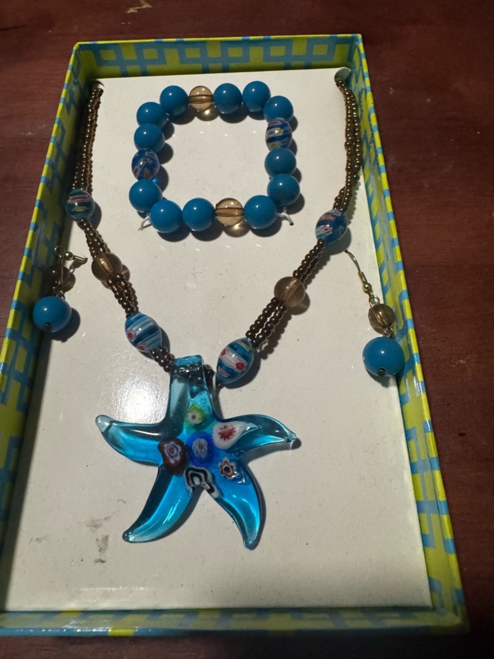 Blue Starfish Glass Pendant Necklace and Bracelet Set